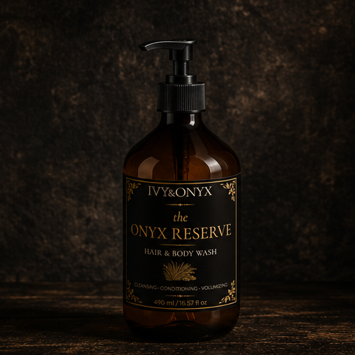 The Onyx Reserve Hair & Body Wash in an amber apothecary bottle with black botanical label.
