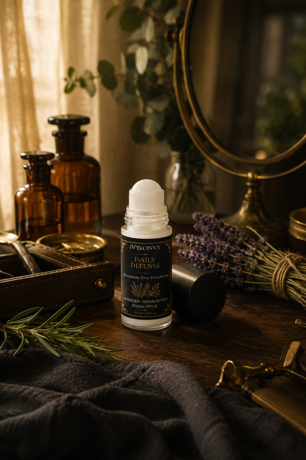 Daily Defense Aluminum-Free Deodorant by Ivy & Onyx displayed on an aged walnut dressing table inside a historic European botanical estate.