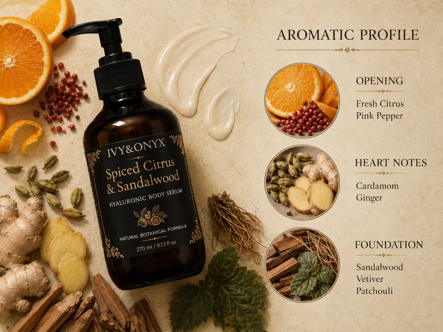 Sérum corporel à l'acide hyaluronique, agrumes épicés et bois de santal