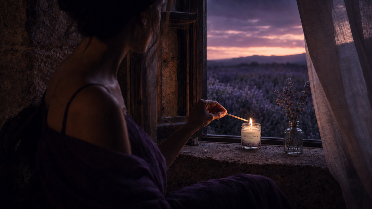 A lavender field beneath the last violet light of evening.
