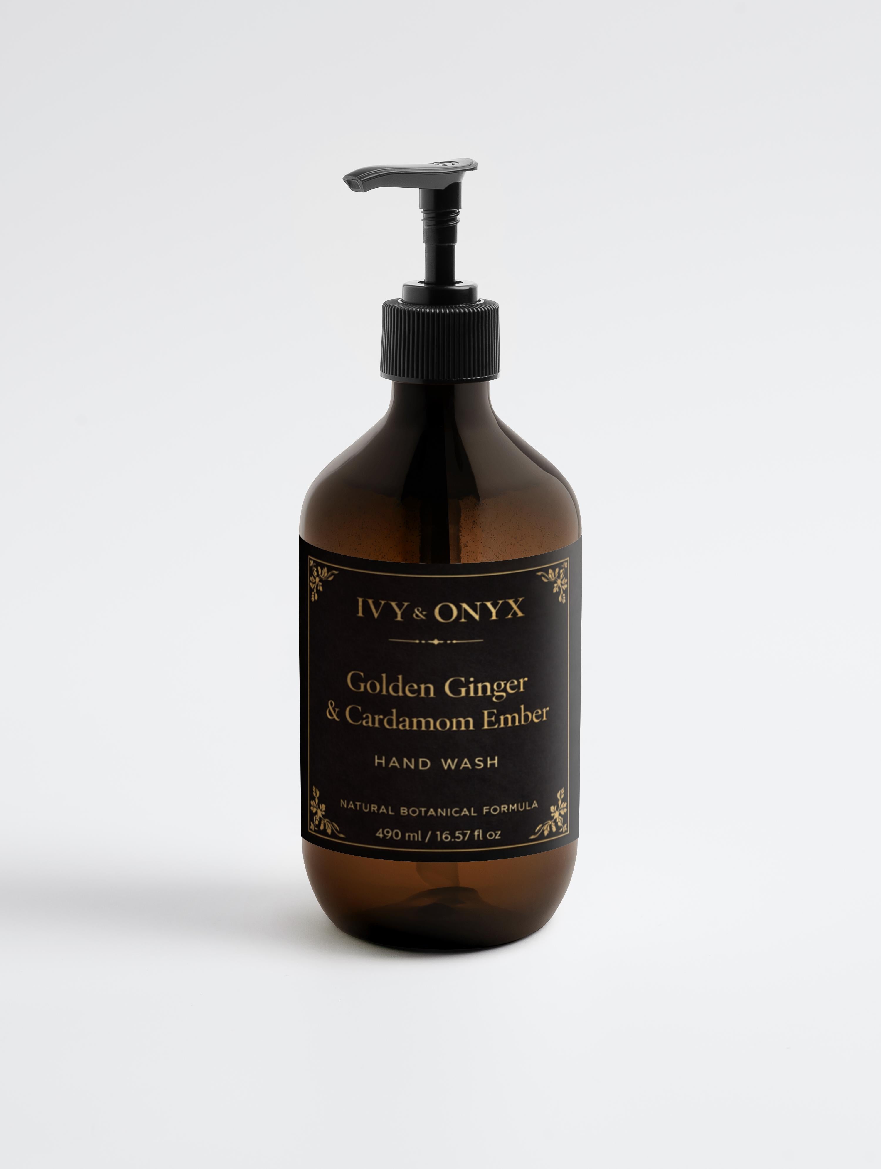 Brown bottle of Ivy & Onyx hand wash with pump on a white background